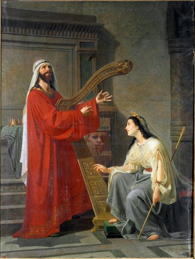 David en Micol koning David die harp speelt. Schilderij door Virginio Grana (ca. 1830-1888) 19e eeuw Zon. 243x182 cm Genua, Accademia Ligustica di Belle Arti, inv. 468 door Virginio Grana