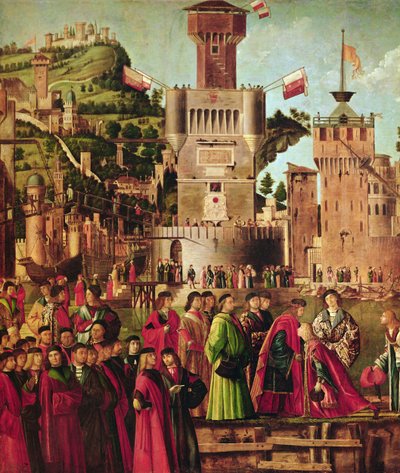 Detail van de ontmoeting van Etherius en Ursula en het vertrek van de pelgrims, uit de St. Ursula-cyclus, ca. 1490-96 (detail) door Vittore Carpaccio