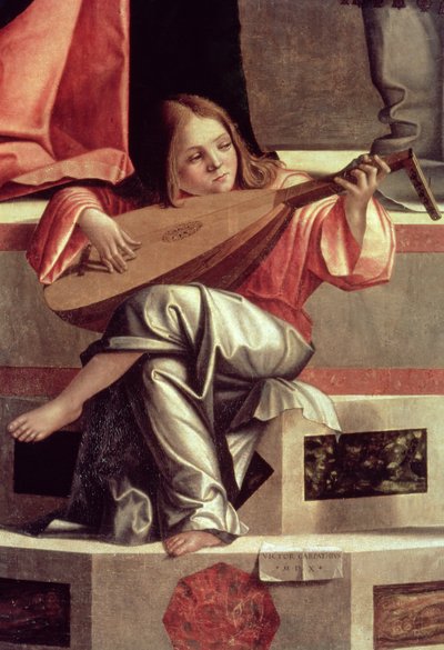 Minstreel engel die een luit speelt (detail) door Vittore Carpaccio