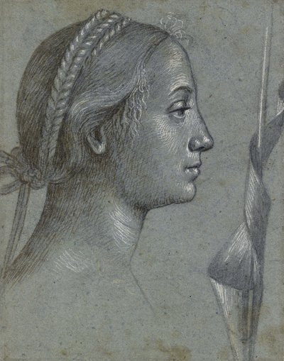 Recto: Hoofd van een vrouw met een wimpel om een paal gewikkeld door Vittore Carpaccio