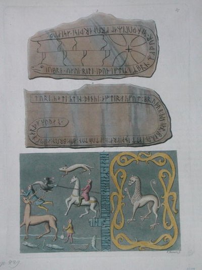 Tapijt uit Adeland en stenen met runeninscripties, uit 