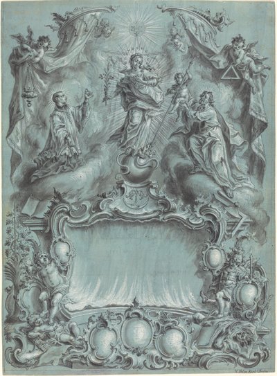 Een Uitgebreide Rococo Setting met de Maagd en Kind en Heiligen die Kwaad, Ketterij en Profane Liefde Verslaan door Vitus Felix Rigl
