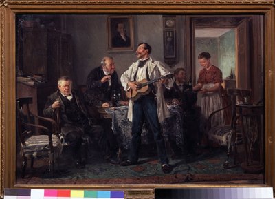 De vrienden. Verzameld rond een tafel in een salon, luisteren ze naar een gitarist die zingt terwijl een vrouw hen een nieuwe fles wijn brengt. door Vladimir Egorovic Makovsky