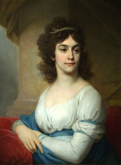 Portret van een onbekende vrouw in witte jurk met blauw lint, eind 1790s door Vladimir Lukich Borovikovsky