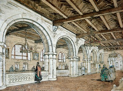 Ontwerp voor het interieur van een bank, gebaseerd op 17e-eeuwse stijl door Vladimir Pokrovsky