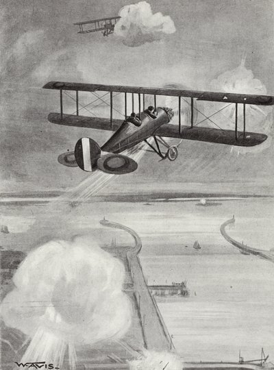 Squadron-Leider Richard Davies en Flight-Lieutenant Richard Peirse die bommen laten vallen op het onderzeebootstation in Zeebrugge onder zwaar vuur, 23 januari 1915 door W. Avis
