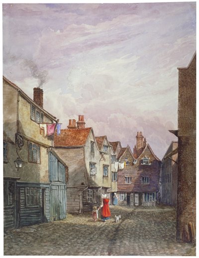 Uitzicht op een vrouw en een kind die Crown Court, Bermondsey, Londen, aflopen, ca. 1825 door W Barker