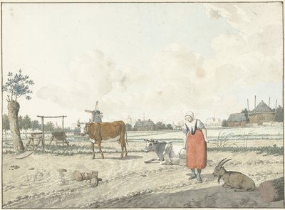 Landschap met boerin en vee door W. Barthautz