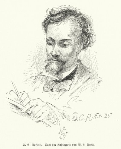 Dante Gabriel Rossetti, Britse dichter, illustrator, schilder en vertaler, een van de oprichters van de Pre-Raphaelite Brotherhood (litho) door W. Bell (after) Scott