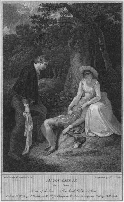 Zoals je het leuk vindt. Act 4. Scene 3. Forest of Arden, - Rosalind, Celia & Oliver, 1798 door W. C. Wilson