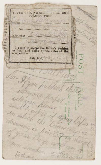 Ansichtkaart aan de redacteur van de Liverpool Weekly Courier, 14 augustus 1918 door W. Dawson