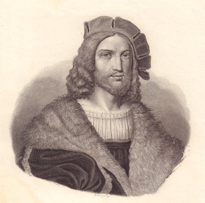 Portret van Italiaanse dichter Antonio Tebaldeo (1463-1537), kopergravure naar schilderij door Raphael door John Ward Dunsmore