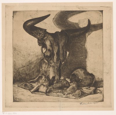 Stilleven met runderschedel, kruik en lap door W. Marchal