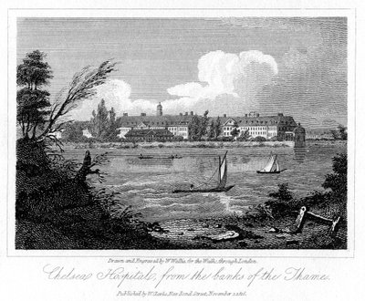 Chelsea Hospital, vanaf de oevers van de Theems, Londen, 1816 door W. Wallis