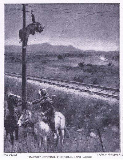 Betrapt bij het doorsnijden van de draden, illustratie uit Na Pretoria: De Guerrillaoorlog, 1902 door Wal Paget