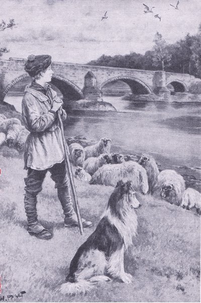 Het zicht op de oude Romeinse brug bij Musselburgh prikkelt de verbeelding van John Rennie de herdersjongen, uit Mijn Tijdschrift, pub.1922 door Wal Paget