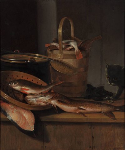 Stilleven met vis en een kat, ca. 1650-1660 door Wallerant Vaillant