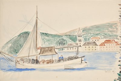 Man in boot met vaten in Italië door Walter Barwig