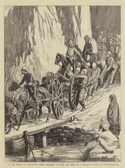 Op Mars naar het Front, Veldartillerie die de Indus oversteekt via een Brug van Boten bij Khooshiahgurh door Walter Charles Horsley