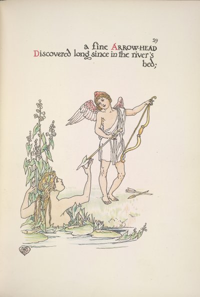 Een engel die een pijl vasthoudt, en een dame in een rivier of meer door Walter Crane