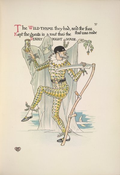 Dodelijke nachtschade. Een man met een masker, een geel kostuum en een zandloper en een zeis door Walter Crane