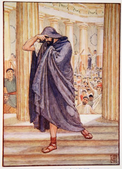 Hij verliet de vergadering met zijn gezicht verborgen in zijn mantel, illustratie uit Het verhaal van Griekenland door Mary Macgregor, eerste editie, 1913 door Walter Crane