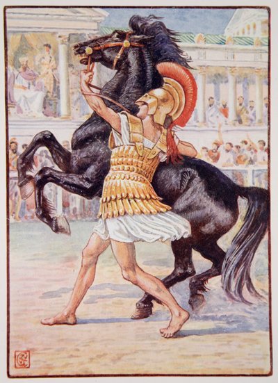 Hij rende naar het paard en greep de teugel, illustratie uit 