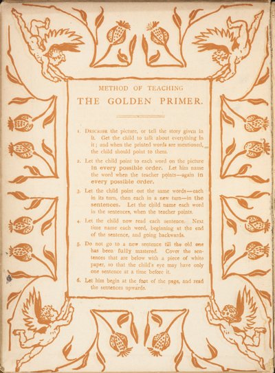Methode om de gouden primer te onderwijzen. Bloemenrand, met cherubijnen. door Walter Crane
