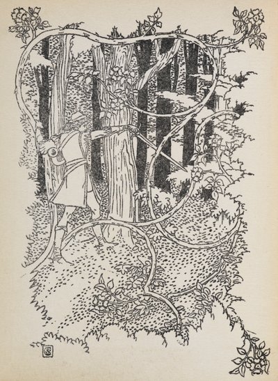 Prins Charmant baant zich een weg door het overwoekerde bos naar Doornroosje. door Walter Crane