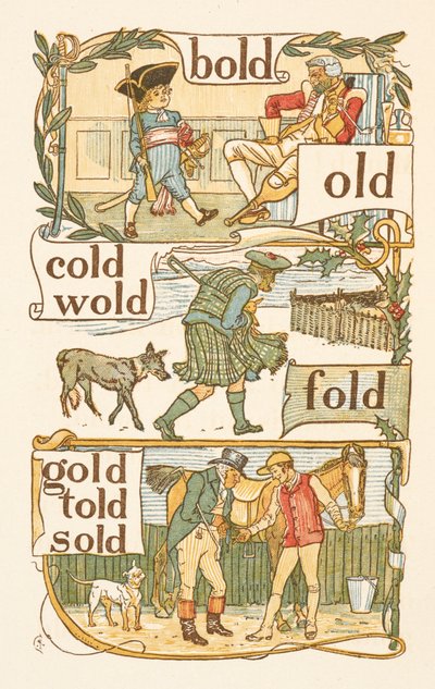 Rijmwoorden eindigend op de letter D. Een jongen verkleed als soldaat. Een Schot. Een Jockey. De Gouden primer. door Walter Crane