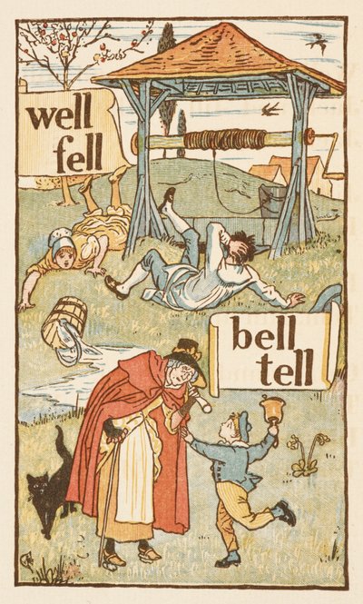 Rijmwoorden eindigend op de letter L. Een jongen met een bel. Een oude vrouw en haar kat. De Gouden primer. door Walter Crane
