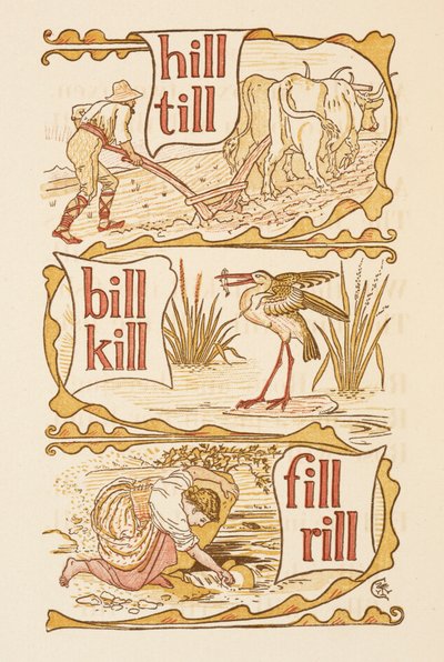 Rijmwoorden eindigend op de letter L. Ploegen. Een ooievaar. De Gouden primer. door Walter Crane