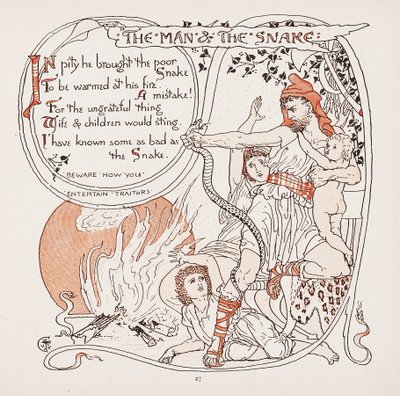 De man en de slang, illustratie uit Aesops Fabels door Walter Crane