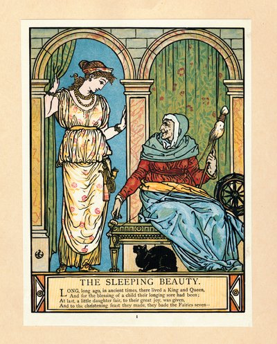 De prinses leert spinnen, uit Het Blauwe Baard Prentenboek door Walter Crane