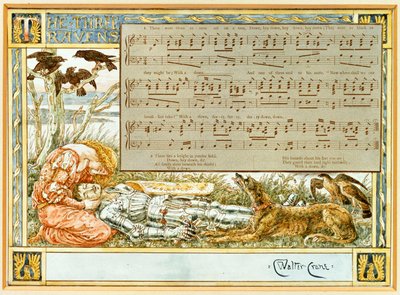 De drie raven: Ontwerp voor een liedboek door Walter Crane
