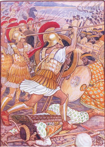 Ze botsten met enorme kracht op het Perzische leger, illustratie uit Het Verhaal van Griekenland, 1930s door Walter Crane