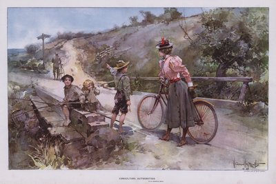 Vrouw die een groep kinderen om de weg vraagt tijdens een fietstocht door Walter Granville Smith