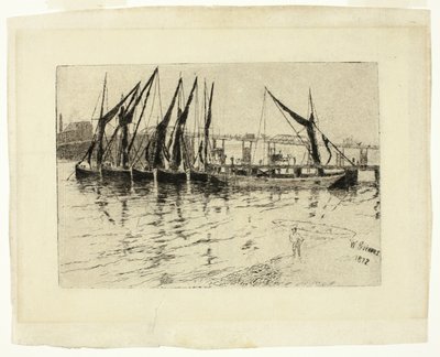 Lossen van kolenbarges (recto); Schets van een gebouw (verso) door Walter Greaves