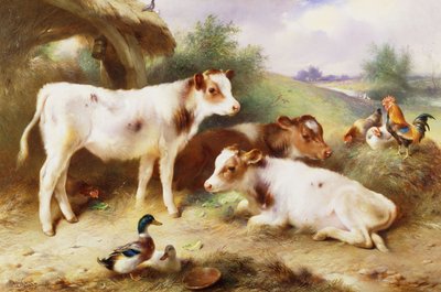 Kalveren en Pluimvee bij een Stal door Walter Hunt
