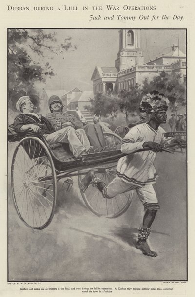 Britse matroos en soldaat maken een rit in een riksja door de straten van Durban tijdens een pauze in de gevechten in de Boerenoorlog (litho) door Walter Paget
