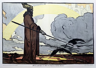Odin met zijn twee raven, Hugin (gedachte) en Munin (geheugen) door Walter Puttner