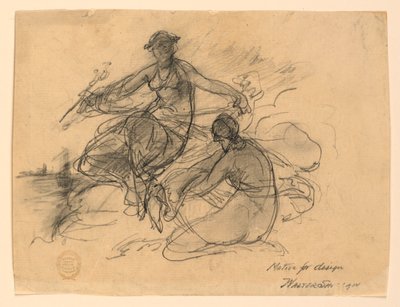 Handel en een andere allegorische figuur (Motief voor bankbiljetontwerp) door Walter Shirlaw