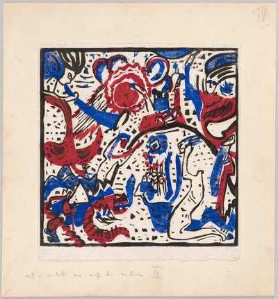 Holzschnitt nach dem Hinterglasbild "Große Auferstehung" (Probedruck mit Anweisungen für Kandinskys Buch "Klänge" (1912), S. 97) door Wassily Kandinsky