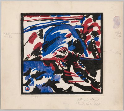 Houtsnede voor het schilderij "Boottocht" (proefdruk met aanwijzingen voor Kandinsky