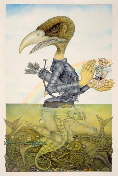 Pantservogel op zeepaard (potlood en kleurpotlood op papier) (paar 150071) door Wayne Anderson