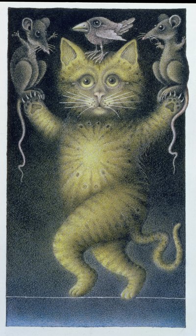Kat op het slappe koord, balancerend met vogel en muizen (potlood en kleurpotlood op papier) door Wayne Anderson