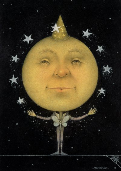 Jonglerende volle maan (potlood en kleurpotlood op papier) (paar van 150067) door Wayne Anderson