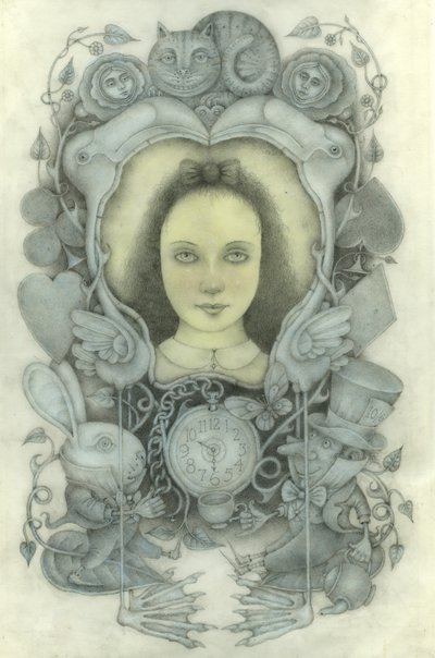 Portret van Alice in spiegel, 2022 (grafiet, kleurpotloden, aquarel) door Wayne Anderson