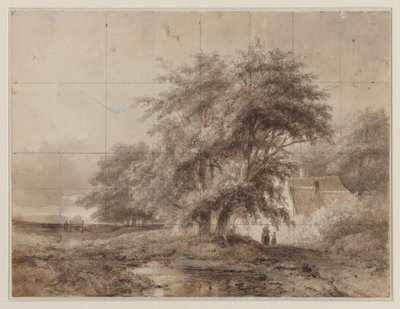 Landschap met rechts onder de bomen een boerderij, met een vrouw en een kind ervoor door Weissenbruch (workshop of)