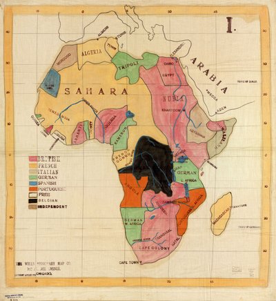The Wells Missionary Map Co., 3612 Prairie Avenue, Chicago, copyright aangevraagd. Stoffen kaart. Pen-en-inkt, potlood, krijt en aquarel; plaatsnamen, namen in legende en coördinaten mechanisch getekend in zwarte inkt. I. Beschikbaar ook via de website van door Wells Missionary Map Co.